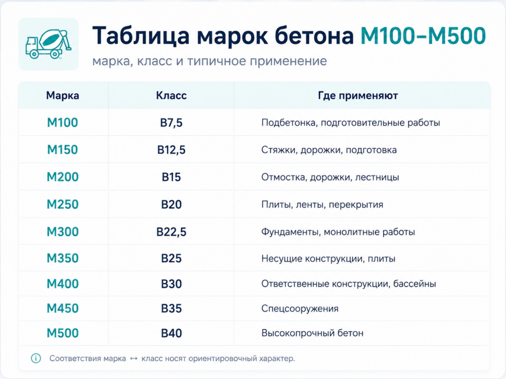 таблица марок бетона М100–М500