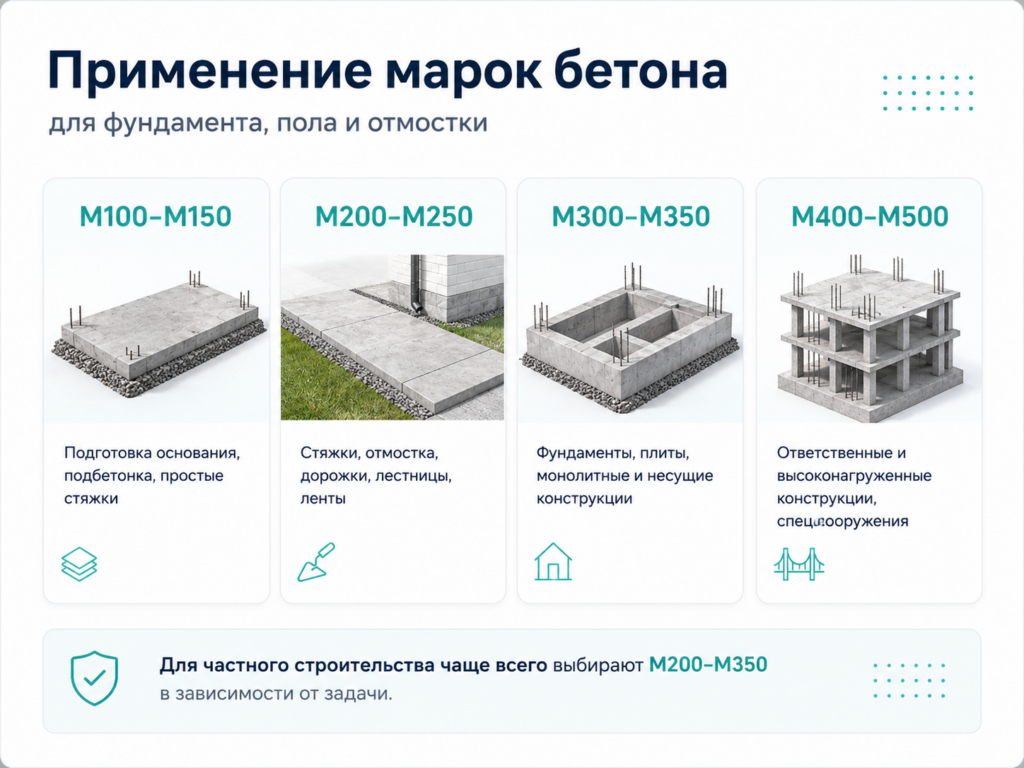 применение марок бетона для фундамента пола и отмостки»