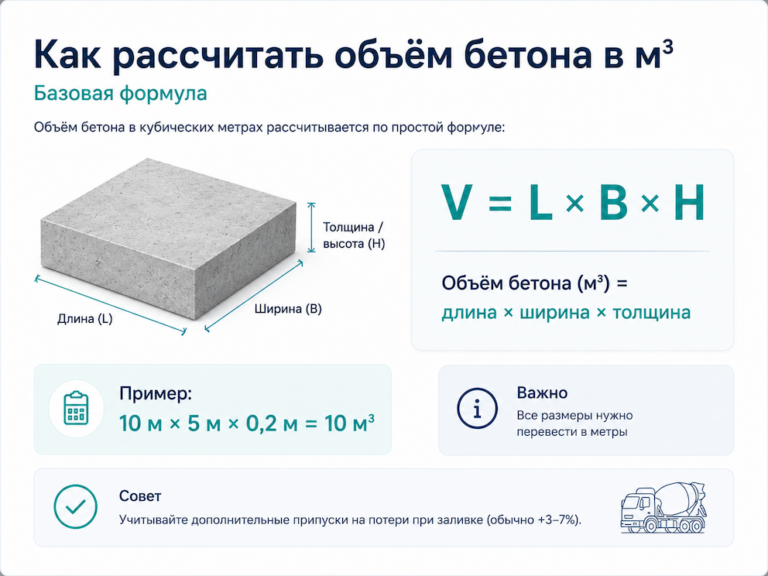 Как рассчитать объём бетона в м³: формулы и примеры расчёта