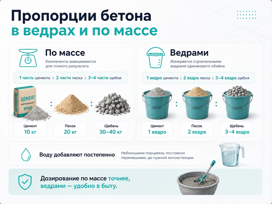 пропорции бетона в ведрах и по массе