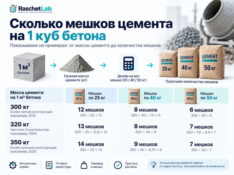 сколько мешков цемента на куб бетона
