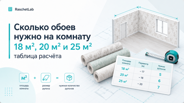 Сколько обоев нужно на комнату 18 м², 20 м² и 25 м²: таблица расчёта